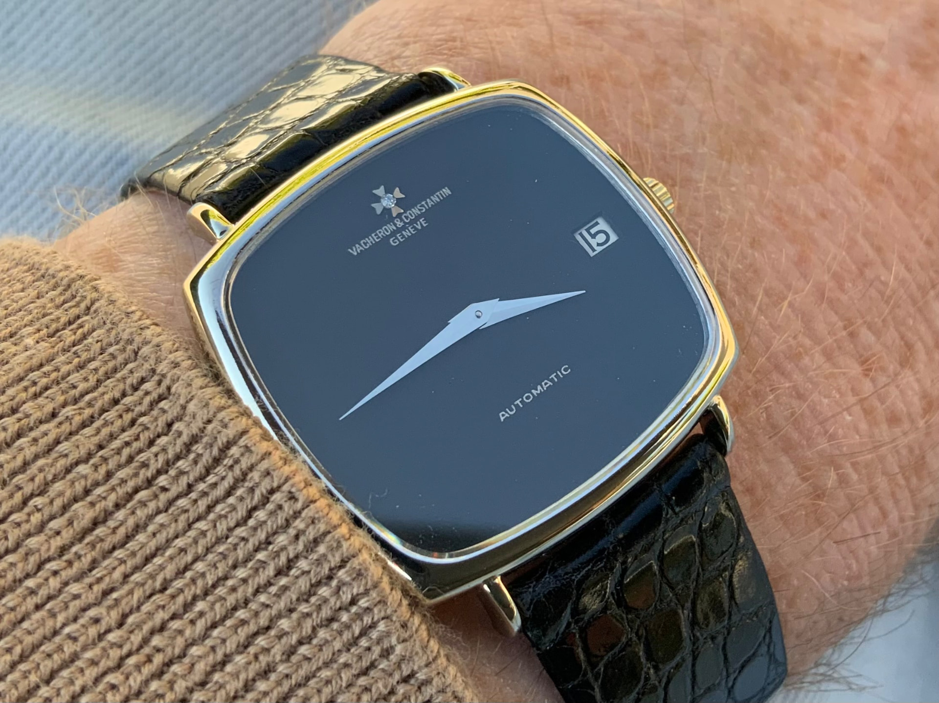 Vacheron and Constantin cushion automatic in yellow gold with black dial