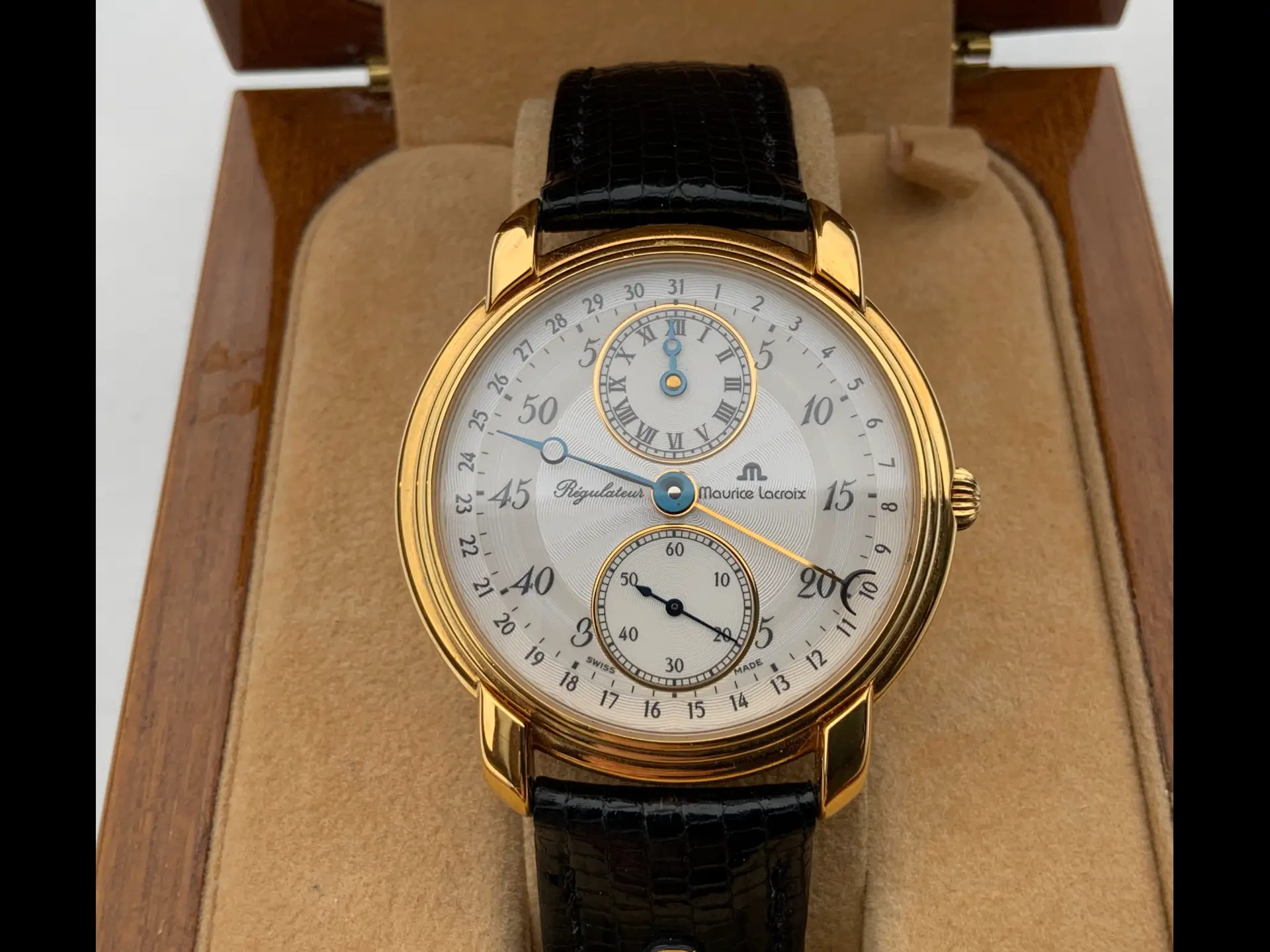 Maurice Lacroix Regulateur in yellow gold with guilloche dial on black lizard strap