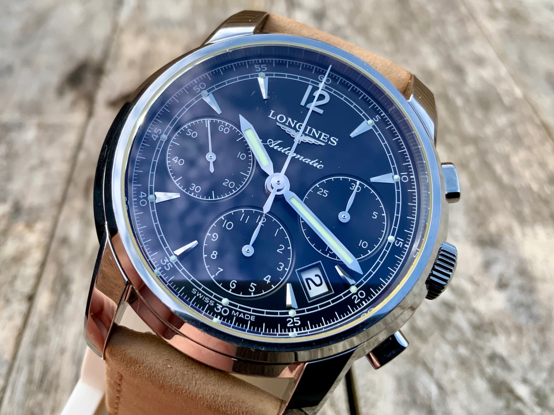 Longines Saint-Imier Automatic Chronograph, frontal view of black dial