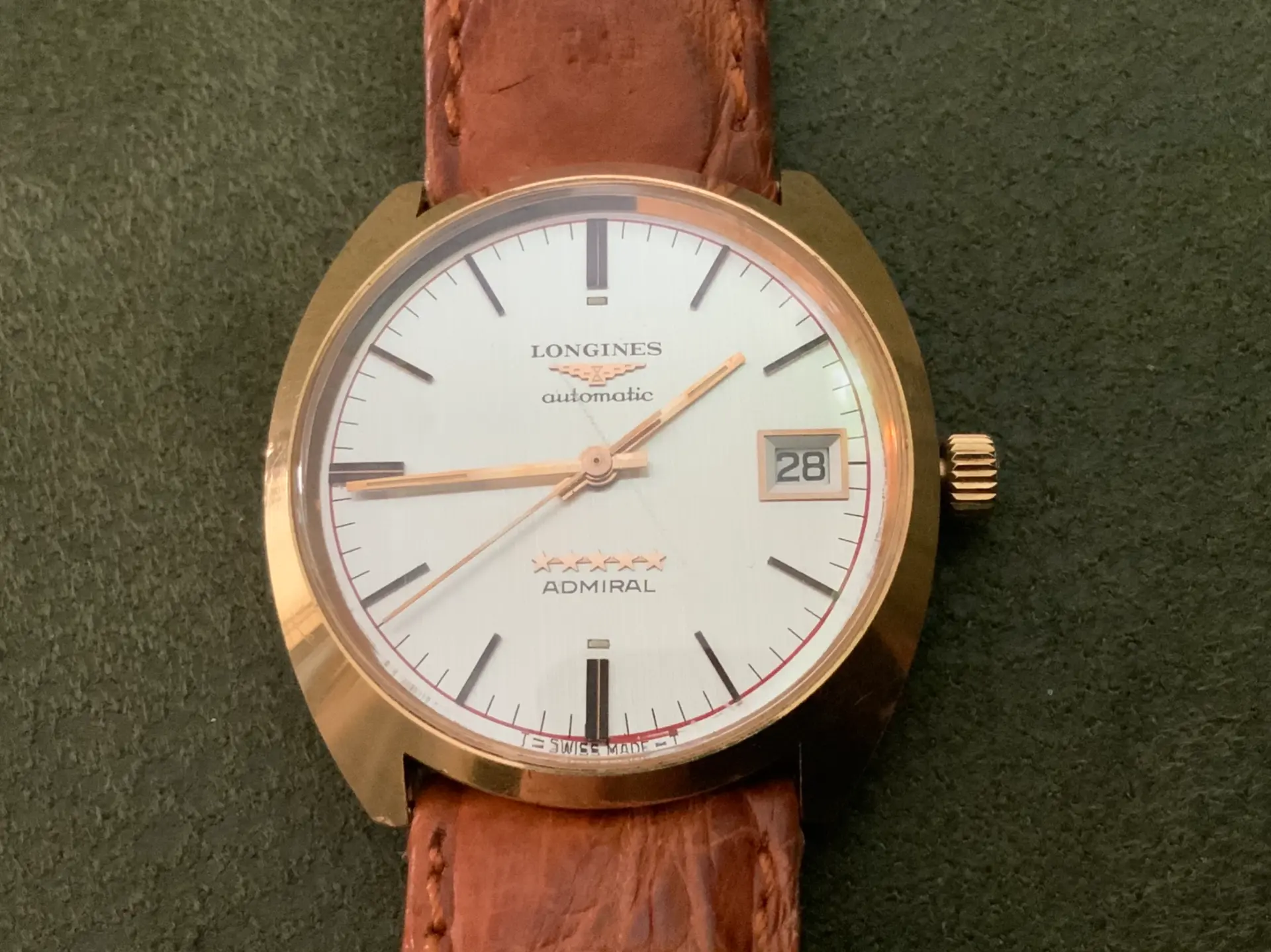 Longines Admiral five star automatic in gold with white dial on brown leather strap