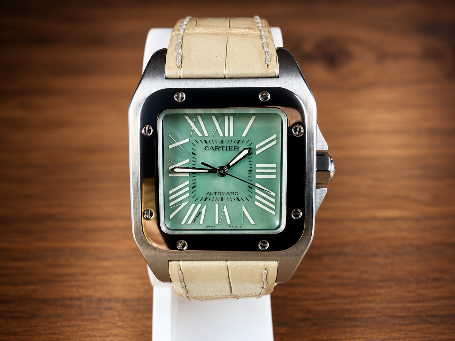 Cartier Santos 100 Nacré Limited Edition shown frontally, mother-of-pearl dial on a cream leather strap