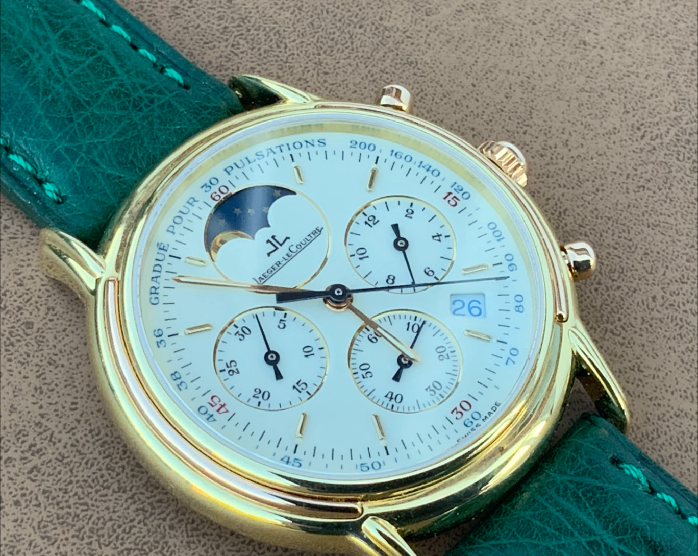 A Jaeger-LeCoultre Odysseus Moonphase Chronograph on a green leather strap