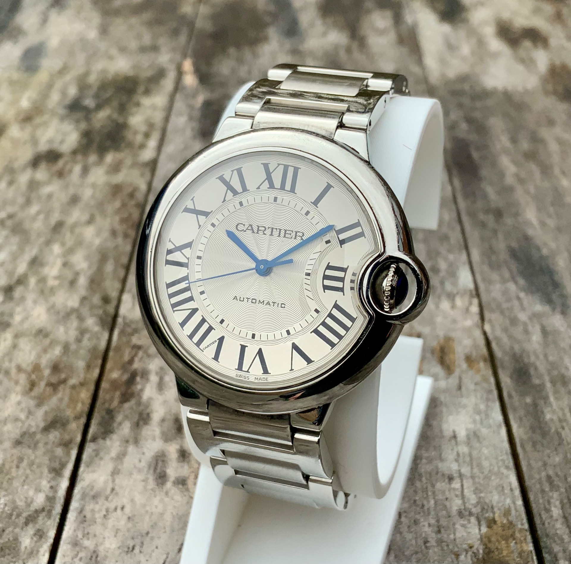 Cartier Ballon Bleu automatic in stainless steel with silvered guilloche dial