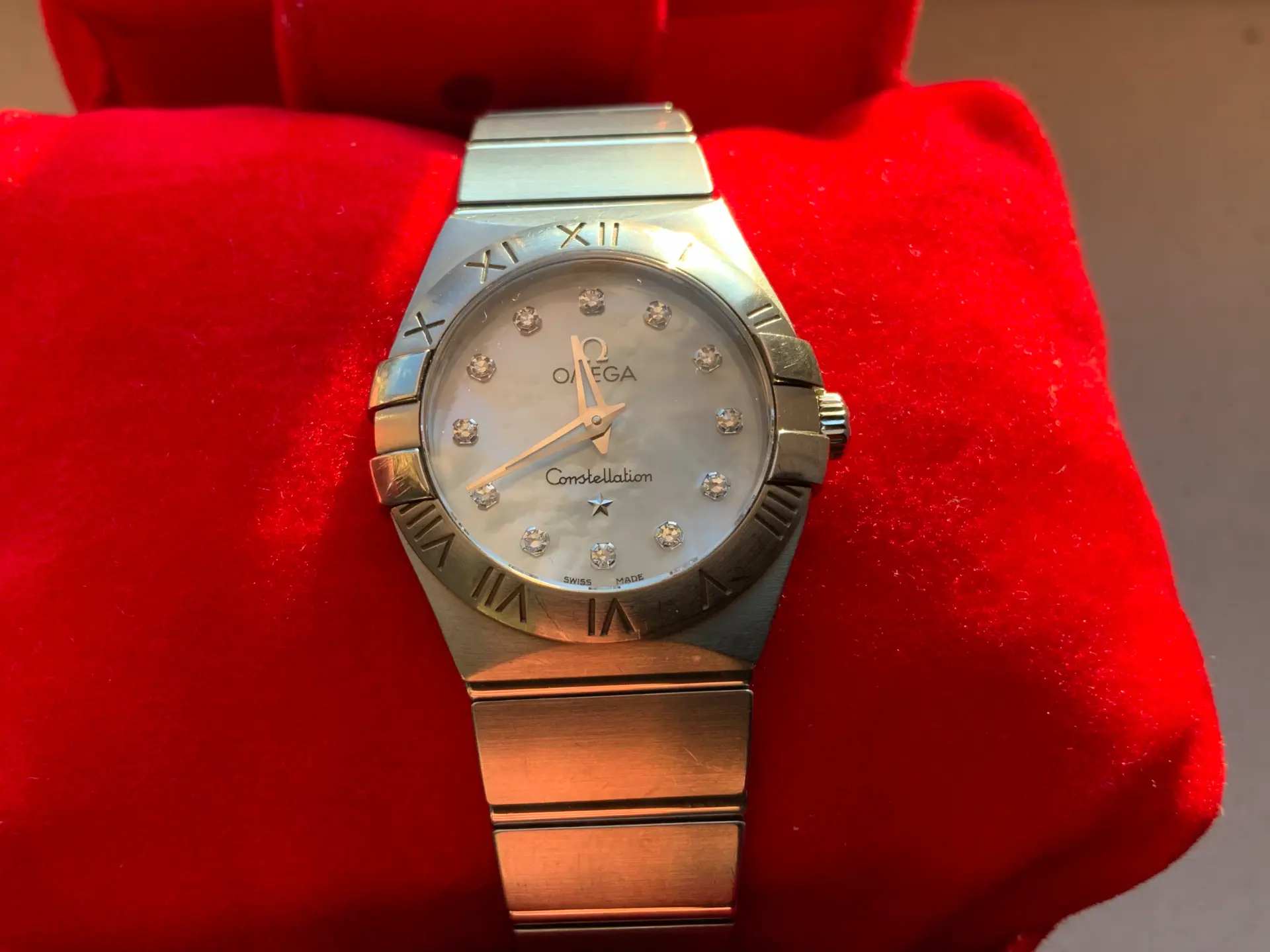 Omega Constellation in steel with mother of pearl diamond dial on steel bracelet