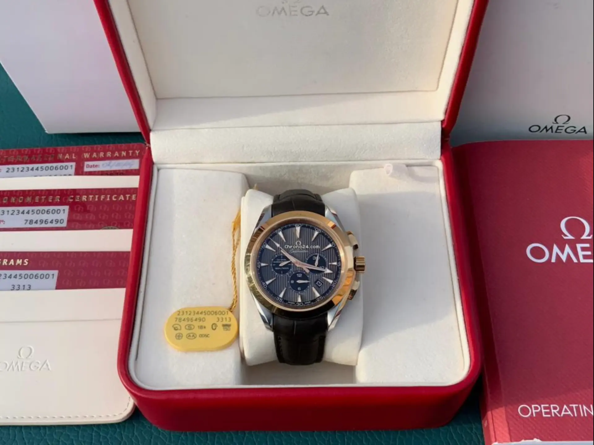 Omega Seamaster Aqua Terra chronograph in steel and rose gold with grey dial in its box with papers