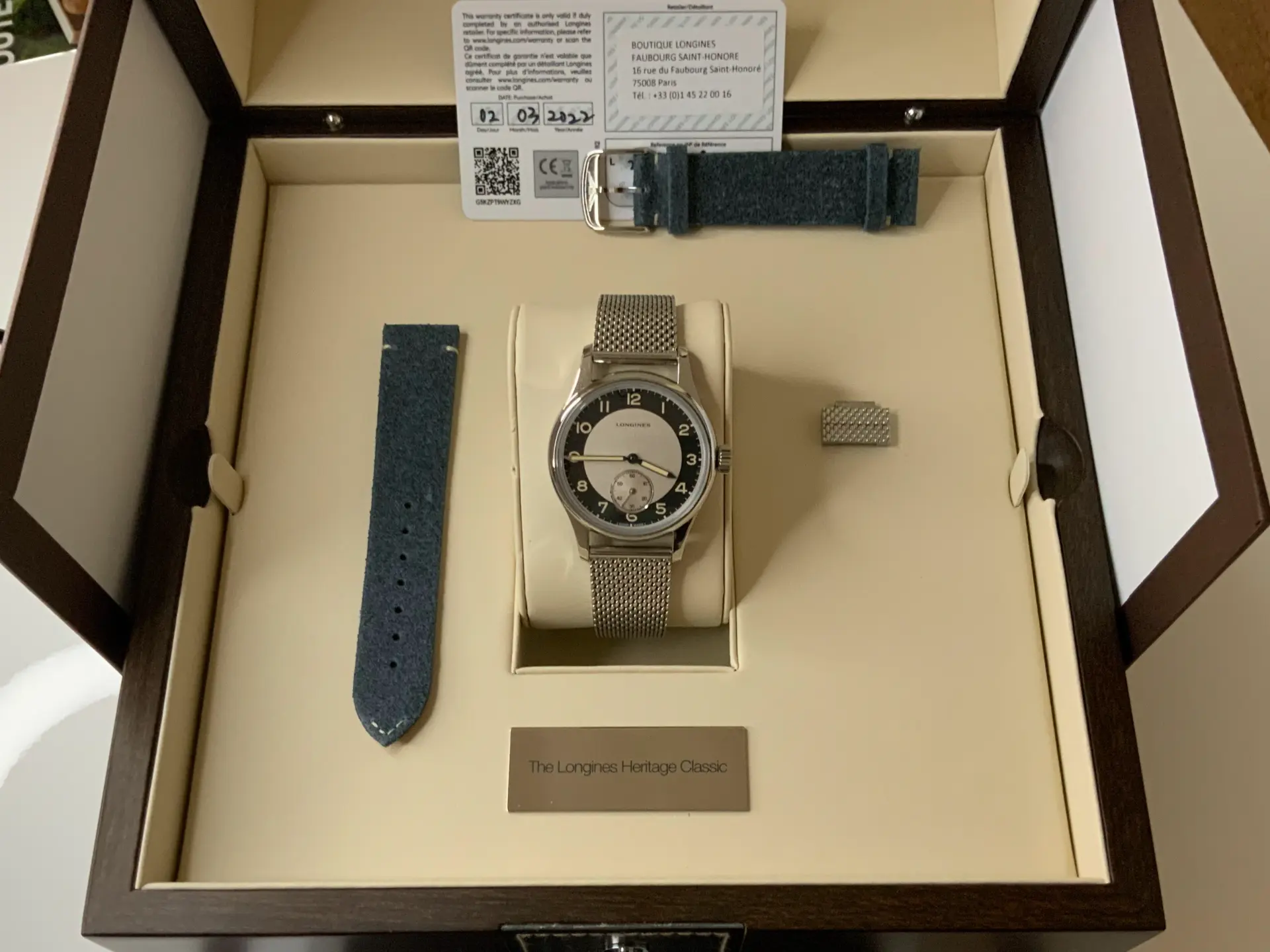 Longines Heritage Classic sector dial on milanese bracelet in its presentation box