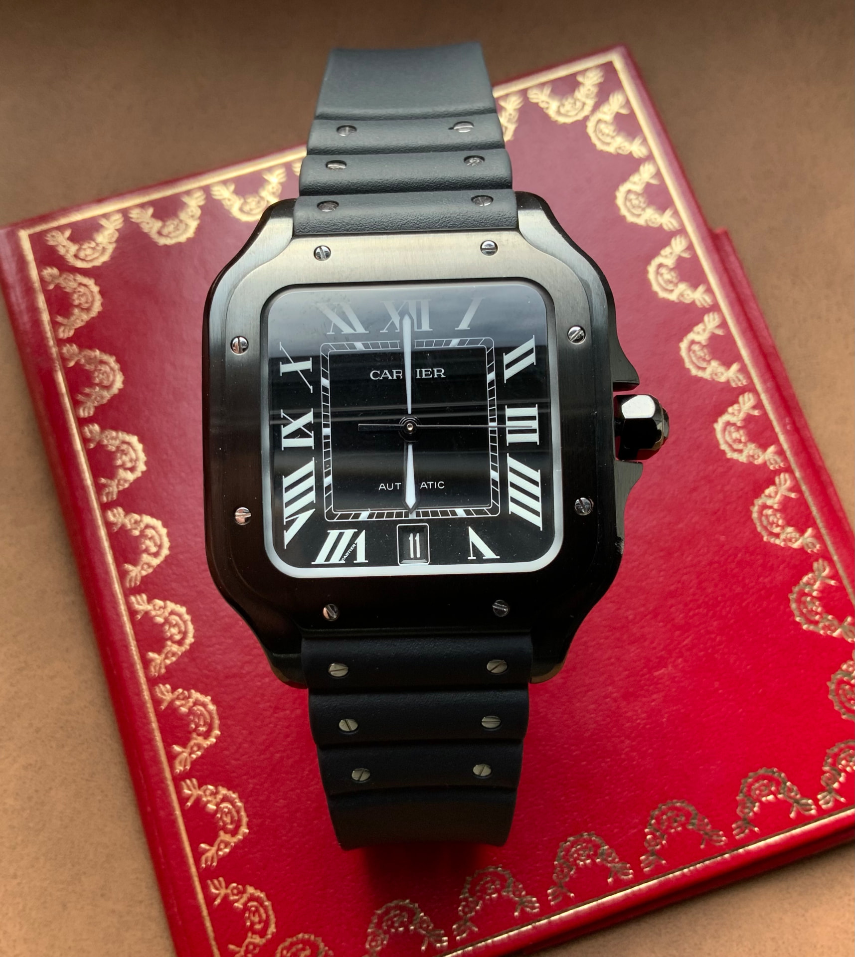 Cartier Santos de Cartier ADLC with black dial on black rubber strap