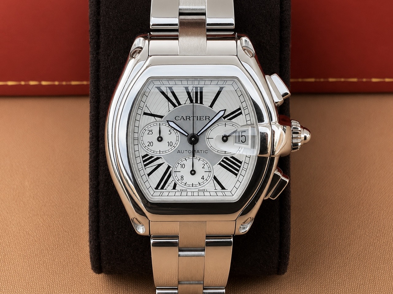 Cartier Roadster XL Chronograph with silver Roman-numeral dial in stainless steel