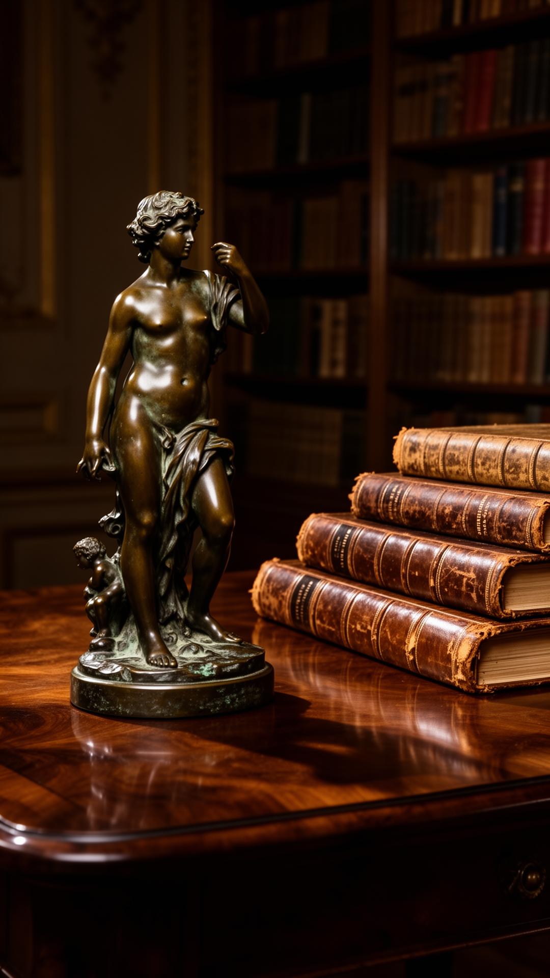 Bronze sculpture and antique books